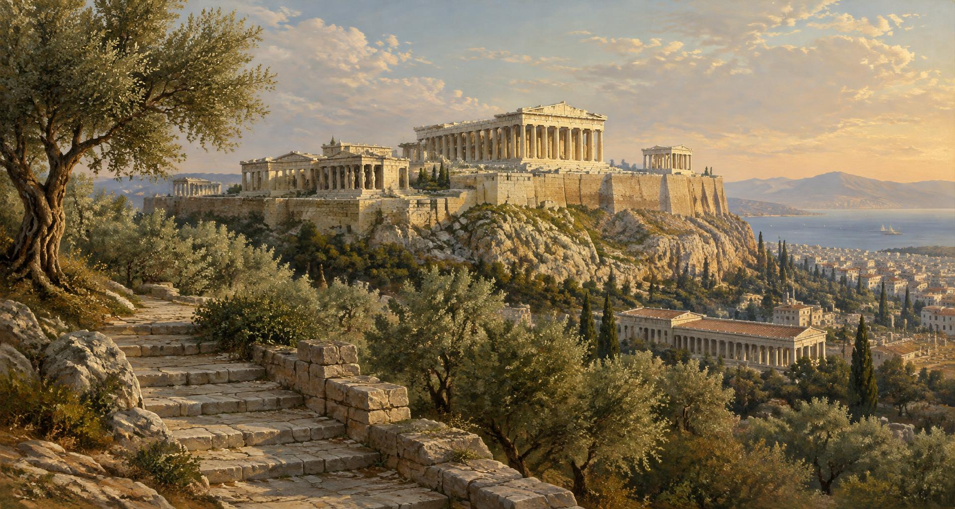 Pintura da Acrópole de Atenas junto ao mar Mediterrâneo