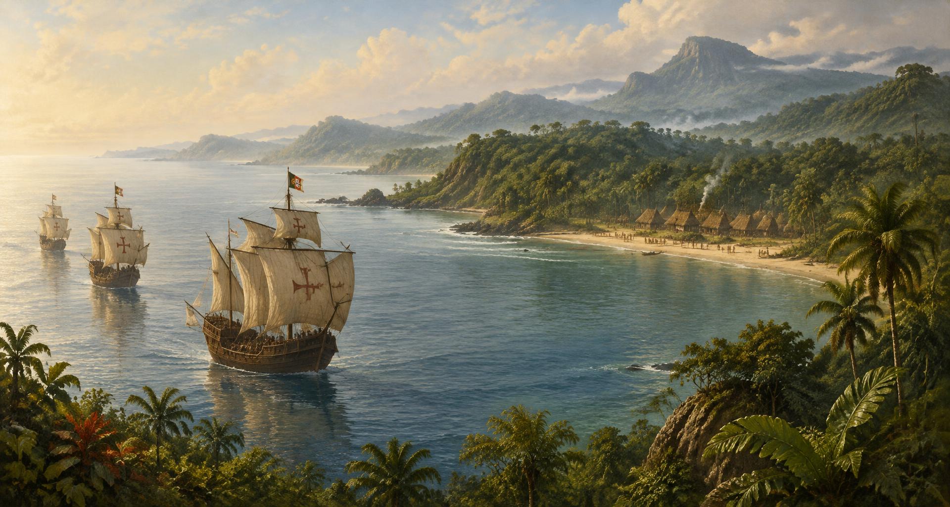 Pintura de caravelas diante do litoral brasileiro