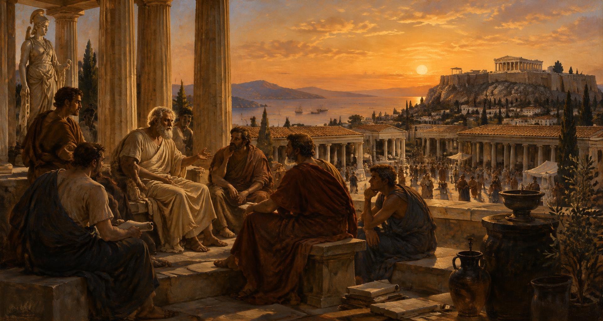 Pintura de filósofos debatendo na ágora grega ao entardecer